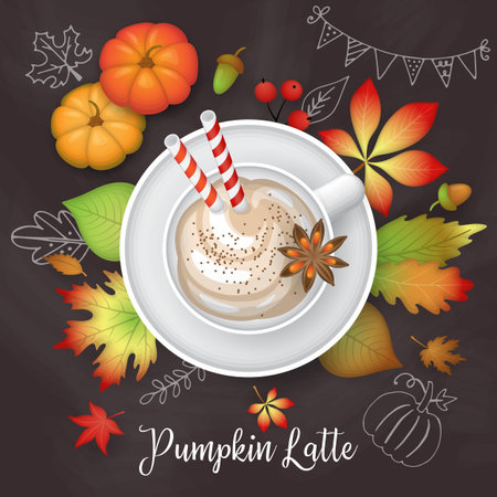 Pumpkin latte cup with autumn leaves over chalkboard background. Flat lay style vector illustrationのイラスト素材