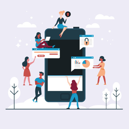 Web design and app development concept with smartt phone and young people team. Flat style vector illustrationのイラスト素材
