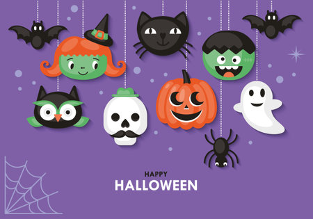 Halloween holiday banner design with cute characters. Vector illustrationのイラスト素材