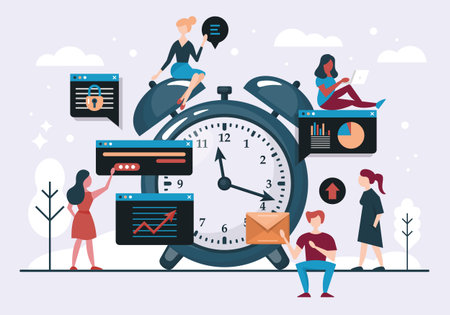 Time management concept with alarm clock and young people team. Flat style vector illustrationのイラスト素材