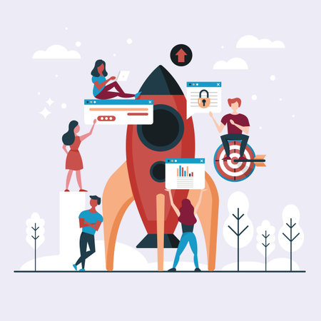 Start up and strategy concept with rocket and young people team. Flat style vector illustrationのイラスト素材