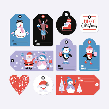 Holiday and Christmas hand drawing gift tags set with cute animals and characters. Isolated vector illustrationのイラスト素材