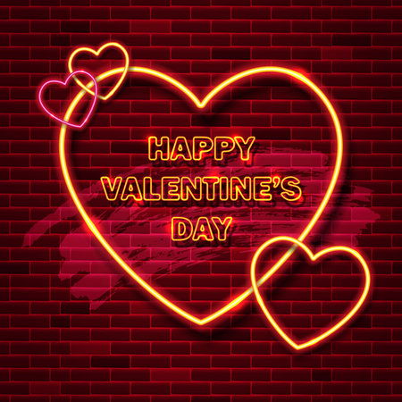 Valentines day sale banner template with glowing neon heart shape and typography over brick wall background. Vector illustrationのイラスト素材