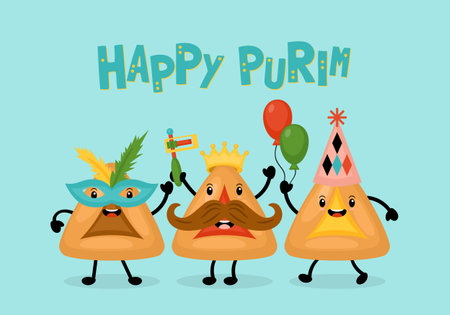Purim holiday banner design with hamantaschen cookies funny cartoon characters. Vector illustration.のイラスト素材
