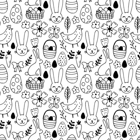 Easter holiday pattern with hand drawn elementsのイラスト素材