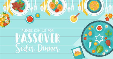 Passover holiday banner design with seder plate, matzo and dinner table. Top view style.のイラスト素材