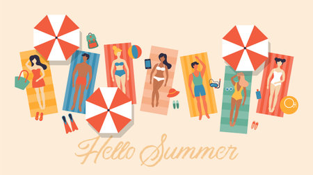 Summer vacation banner design with small people characters tanning on beach. Top view vector background.のイラスト素材