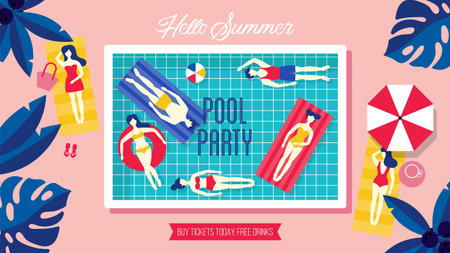 Pool party banner design with small people characters swimming and enjoying summer activities. Top view vector background.のイラスト素材
