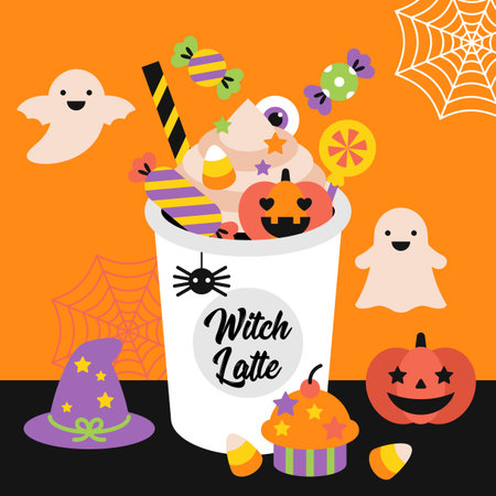 Halloween holiday banner design with coffee cup and candy. Pumpkin latte concept. Vector illustrationのイラスト素材
