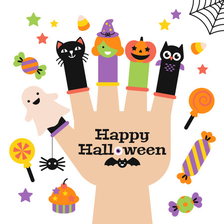 Halloween holiday greeting card design with finger puppets on hand. Vector illustrationのイラスト素材