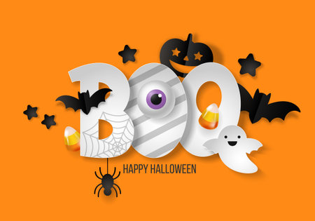 Halloween banner design with paper cut boo typography and decorations background. Vector illustrationのイラスト素材