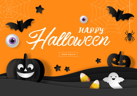 Halloween sale banner design with paper cut jack o lantern and decorations background. Vector illustrationのイラスト素材