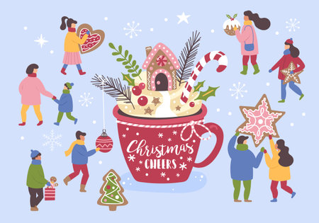 Christmas holiday concept with big hot chocolate cup and small  people dressed in winter clothes with Christmas cookies.  Vector illustrationのイラスト素材