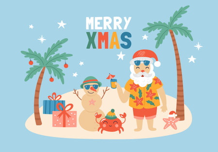 Christmas holiday cute elements set with Santa Claus on sea beach. Childish print for cards, stickers, apparel and nursery decoration. Vector Illustrationのイラスト素材