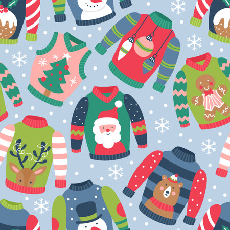 Seamless pattern for Christmas holiday with ugly sweater. Childish background for fabric, wrapping paper, textile, wallpaper and apparel. Vector Illustrationのイラスト素材