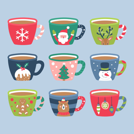 Christmas holiday cute cocoa chocolate cup elements set. Childish print for cards, stickers, apparel and nursery decoration. Vector Illustrationのイラスト素材