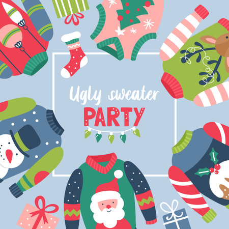 Christmas holiday cute ugly sweater party invitation design. Childish print. Vector Illustrationのイラスト素材