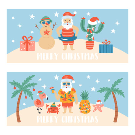 Christmas holiday cute greeting card set. Childish print for banner and nursery decoration. Vector Illustrationのイラスト素材