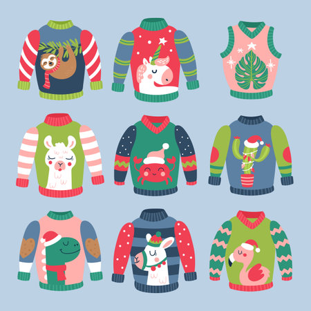 Christmas holiday cute ugly sweater elements set. Childish print for cards, stickers, apparel and nursery decoration. Vector Illustrationのイラスト素材