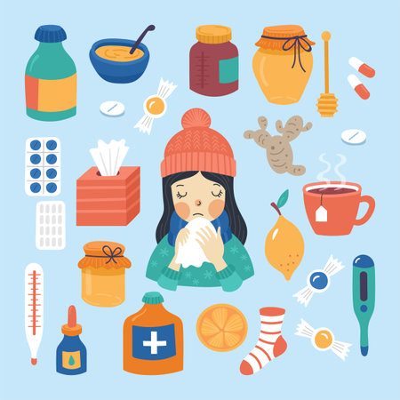 Cold flu and virus treatment concept. Cute young girl with handkerchief, medicine, drugs and natural illness treatments.Childish vector illustrationのイラスト素材