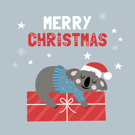Cute koala character Christmas card. Childish print for t-shirt, apparel, cards and nursery decoration. Vector Illustrationのイラスト素材