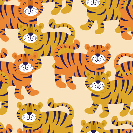 Seamless pattern with cute tiger character. Childish background for fabric, wrapping paper, textile, wallpaper apparel and nursery decorationのイラスト素材