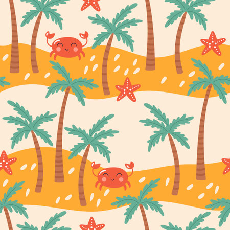 Seamless pattern for summer with palm trees, starfish and cute lobster. Childish background for fabric, wrapping paper, textile, wallpaper and apparelのイラスト素材