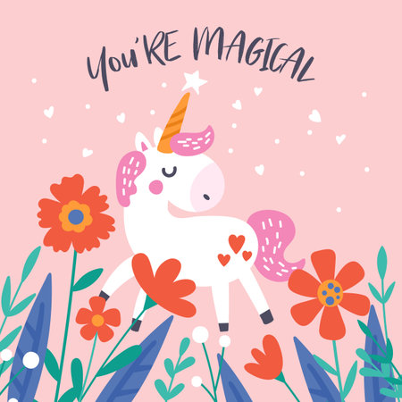 Valentine's day cute unicorn greeting card. Childish print for cards, stickers, apparel and nursery decorationのイラスト素材
