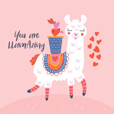 Valentine's day cute  llama greeting card.  Childish print for cards, stickers, apparel and nursery decorationのイラスト素材
