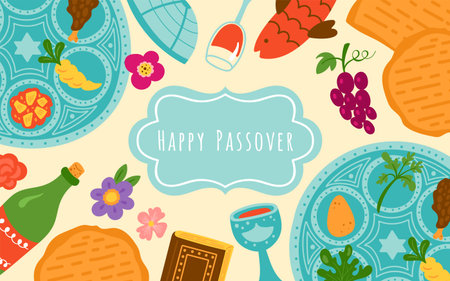 Passover holiday cute banner design with traditional seder plate, matzo and wine. Childish print for cards, invitations and stickers.のイラスト素材