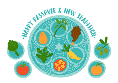 Passover holiday cute traditional seder plate with new tradition. Childish print for cards, invitations and stickers.のイラスト素材