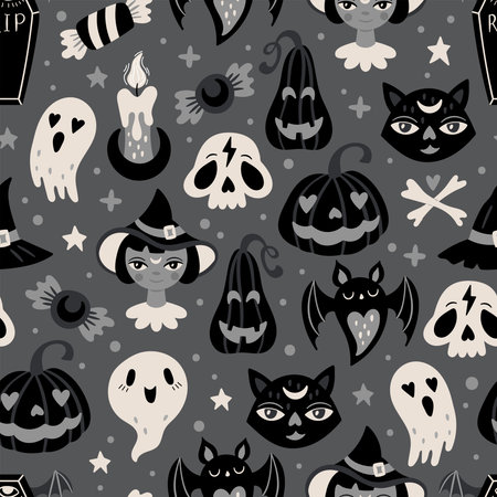 Halloween holiday cute seamless pattern design. Childish print for cards, textile, wrapping paper and party invitations. Vector illustrationのイラスト素材