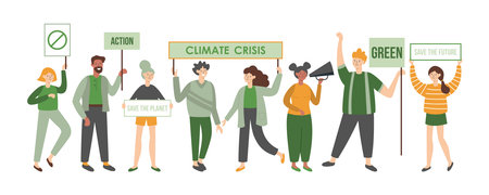 Climate crisis protesters holding placards. Political meeting concept. Women and men flat characters...