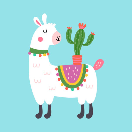 Cute llama character design. Childish print for t-shirt, apparel, cards and nursery decoration. Vector Illustrationのイラスト素材
