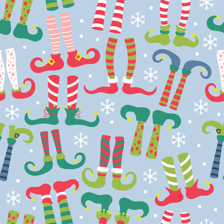 Seamless pattern for Christmas holiday with elf feet in socks and shoes. Childish background for fabric, wrapping paper, textile, wallpaper and apparel. Vector Illustrationのイラスト素材