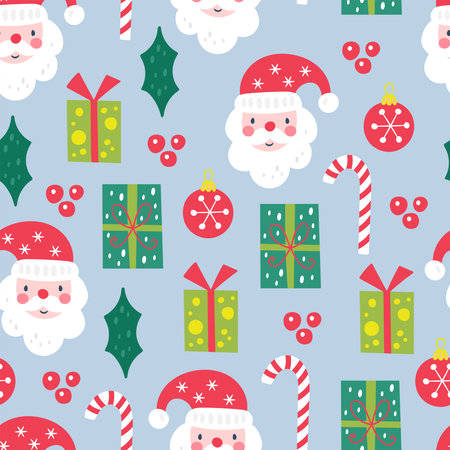 Seamless pattern for Christmas holiday with Santa and gift boxes. Childish background for fabric, wrapping paper, textile, wallpaper and apparel. Vector Illustrationのイラスト素材