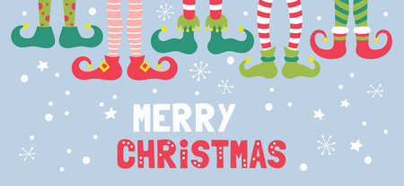 Cute Christmas banner design with elf feet in socks and shoes. Childish print for cards and party invitations. Vector Illustrationのイラスト素材