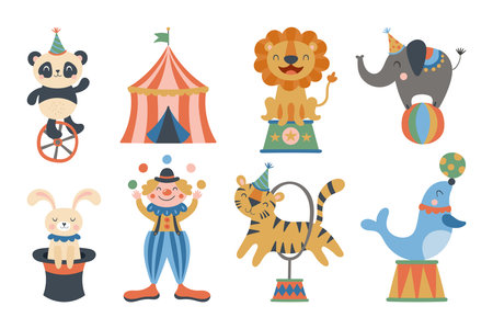 Cute circus animals and clown character design. Childish print for t-shirt, apparel, cards and nursery decoration. Vector Illustrationのイラスト素材