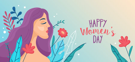 Women's day banner design with young woman and flowers. Vector illustrationのイラスト素材