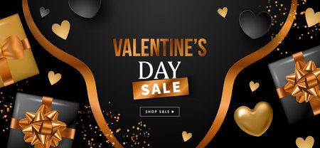 Valentines day sale banner design with black and gold heart shapes and gift boxes. Template for flyer, poster, invitation, social media advertising. Vector illustrationのイラスト素材