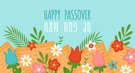 Passover Pesah holiday banner design with matzah and spring flowers. Greeting card or seder party...