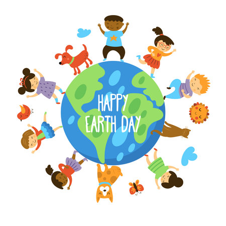 Happy Earth day greeting card with cute children characters. Childish print for cards and stickers. Vector illustrationのイラスト素材