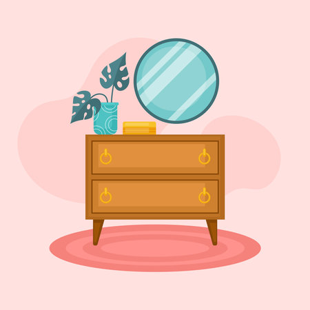 Cozy interior with dresser, mirror and home plant. Flat cartoon style vector illustrationのイラスト素材