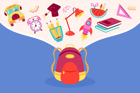 Back to school concept with cute backpack bag and school elements. Childish print for cards, posters, invitations and banner. Vector Illustrationのイラスト素材