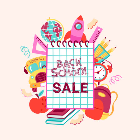 Back to school sale banner design. Childish print for cards, posters, invitations and banner. Vector Illustrationのイラスト素材