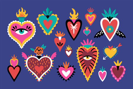 Cute set of mexican sacred hearts for Day of the dead Dia de los Muertos holiday. Childish print for cards, stickers, patches and apparel. Vector illustrationのイラスト素材
