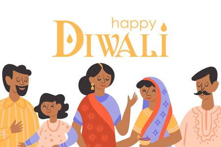 Diwali Hindu festival greeting card design with cute people characters. Childish print for card, stickers and party invitations. Vector illustrationのイラスト素材