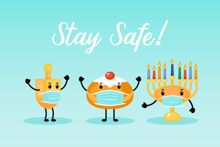 Hanukkah holiday banner design with menorah, traditional doughnuts and dreidel funny cartoon characters with face medical maskのイラスト素材