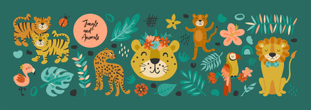 Jungle animals cute set with tiger, leopard, flamingo, lion and parrot. Childish print for cards, stickers, background and poster designのイラスト素材
