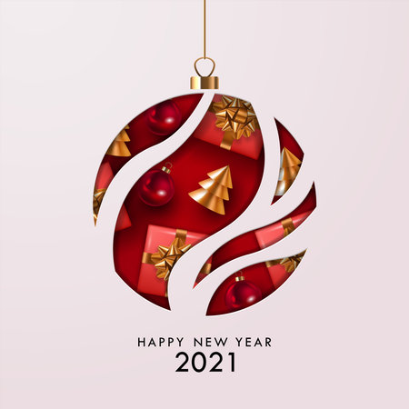 Happy New Year 2021 greeting card, banner or poster design template with paper cut bauble ornament and decorations. Vector illustrationのイラスト素材